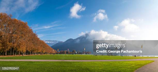 grass area and mountains in annecy, france - annecy foto e immagini stock