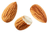Almonds isolated on white background, collection