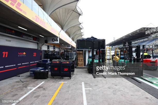 Freight is pictured outside the Red Bull Racing garage during previews ahead of the F1 Grand Prix of dBrazil at Autodromo Jose Carlos Pace on...