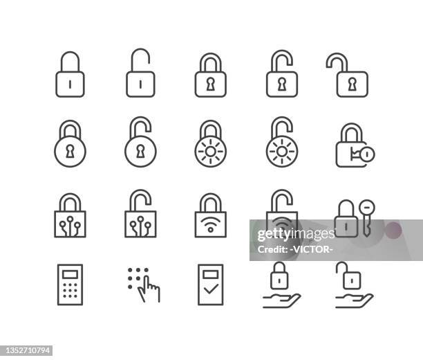 lock open and lock closed icons - classic line series - lock stock illustrations