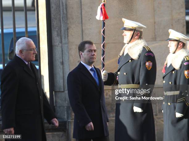 Russian President Dmitry Medvedev , followed by Czech President Vaclav Claus arrives to the meeting during a visit to the city on December 8 ,2011 in...