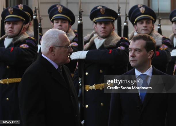 Russian President Dmitry Medvedev listens to Czech President Vaclav Claus during their meeting on December 8 ,2011 in Prague, Czech Republic....