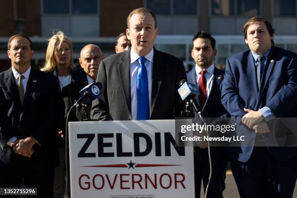 Congressman Lee Zeldin is joined by elected officials as they demand the demand a repeal of the cashless bail law on Nov. 10, 2021 in Central Islip,...