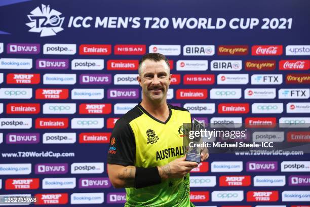 Matthew Wade of Australia poses after being named Player of the Match following the ICC Men's T20 World Cup semi-final match between Pakistan and...