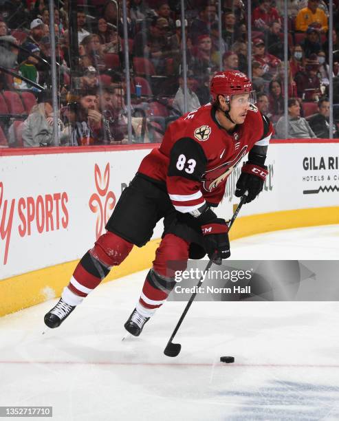 Jay Beagle of the Arizona Coyotes skates with the puck against the Minnesota Wild at Gila River Arena on November 10, 2021 in Glendale, Arizona.