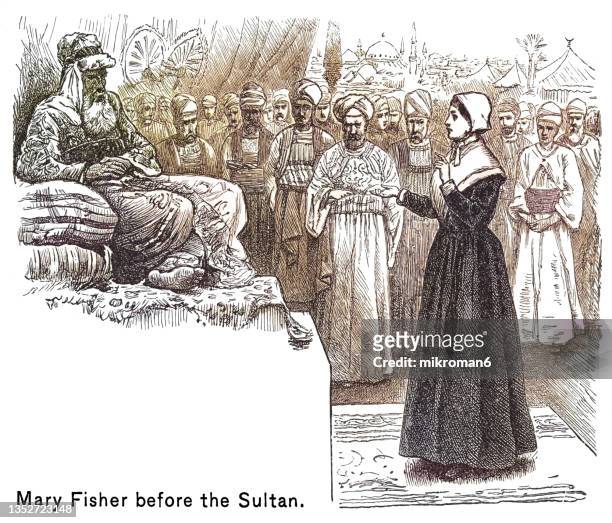 old engraved illustration of mary fisher, an english quaker, in audience with the sultan mehmed iv of turkey (1658) - abolitionism anti slavery movement stock pictures, royalty-free photos & images