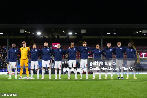 The England team line up for the national anthem during the UEFA European Under-21 Championship Qualifier match between England U21s and Czech...