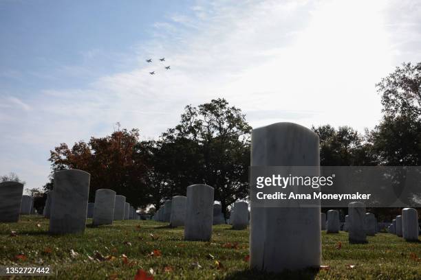 Joint service flyover honoring the centennial anniversary of the Tomb of the Unknown Soldier takes place at Arlington National Cemetery on Veterans...