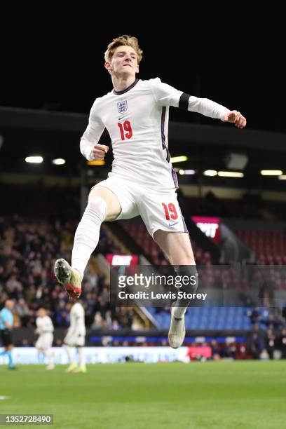Anthony Gordon of England celebrates scoring the second goal during the UEFA European Under-21 Championship Qualifier match between England U21s and...