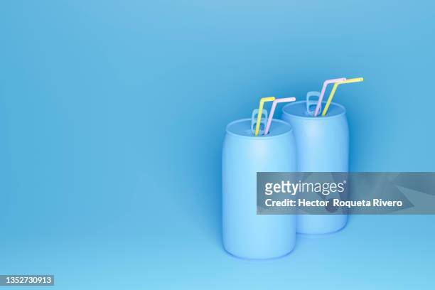 blue drink cans with straws on blue background, 3d render - rietje los stockfoto's en -beelden