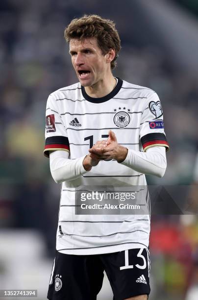 Thomas Mueller of Germany reacts during of the 2022 FIFA World Cup Qualifier match between Germany and Liechtenstein at Volkswagen Arena on November...