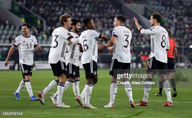 Team members of Germany celebrate their 2nd goal during the 2022 FIFA World Cup Qualifier match between Germany and Liechtenstein at Volkswagen Arena...