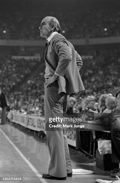 Head Coach Jack Ramsay of the Portland Trail Blazers stands near the media bench during an NBA playoff game against the Denver Nuggets at McNichols...