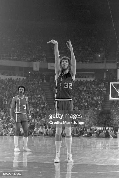 Portland Trail Blazers center Bill Walton shoots a free throw Denver Nuggets during an NBA playoff game against the Denver Nuggets at McNichols Arena...