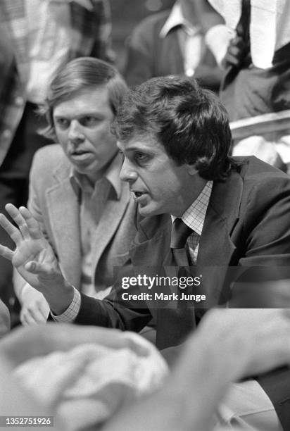 Denver Nuggets head coach Larry Brown makes a point to his team during a timeout during an NBA playoff game against the Portland Trail Blazers at...