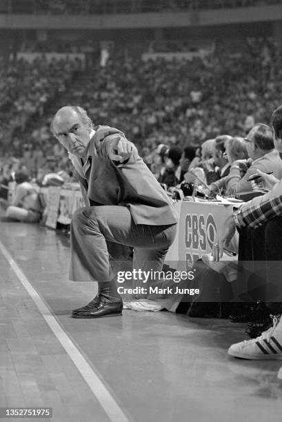 Portland Trail Blazers head coach Jack Ramsay signals a player on his bench during an NBA playoff game against the Denver Nuggets at McNichols Arena...