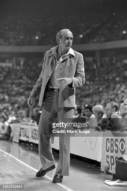 Portland Trail Blazers head coach Jack Ramsay looks toward his bench for a substitution during an NBA playoff game against the Denver Nuggets at...