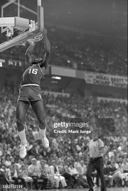 Portland Trail Blazers guard Johnny Davis dunks the ball during an NBA playoff game against the Denver Nuggets at McNichols Arena on April 20, 1977...