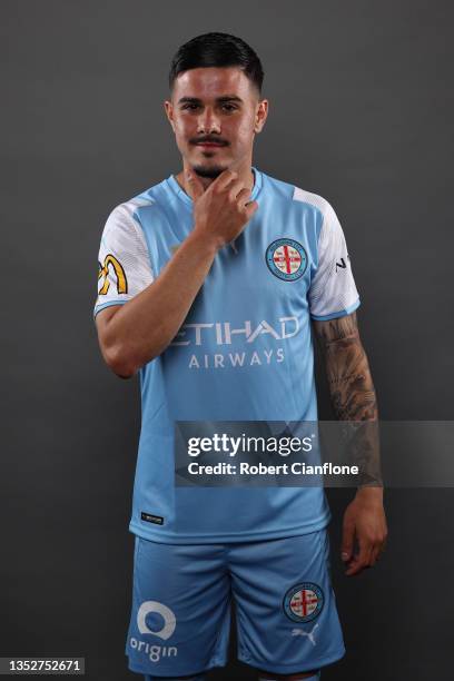Marco Tilio of Melbourne City poses during the Melbourne City A-League headshots session at AAMI Park on October 31, 2021 in Melbourne, Australia.