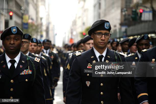 Army personnel march during the 2021 New York City Veterans Day Parade on November 11, 2021 in New York City.