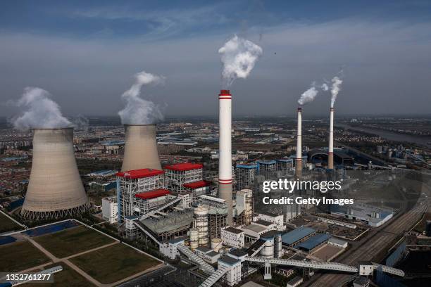 An aerial view of the coal fired power plant on November 11, 2021 in Hanchuan, Hubei province, China. China and the United States on Wednesday...