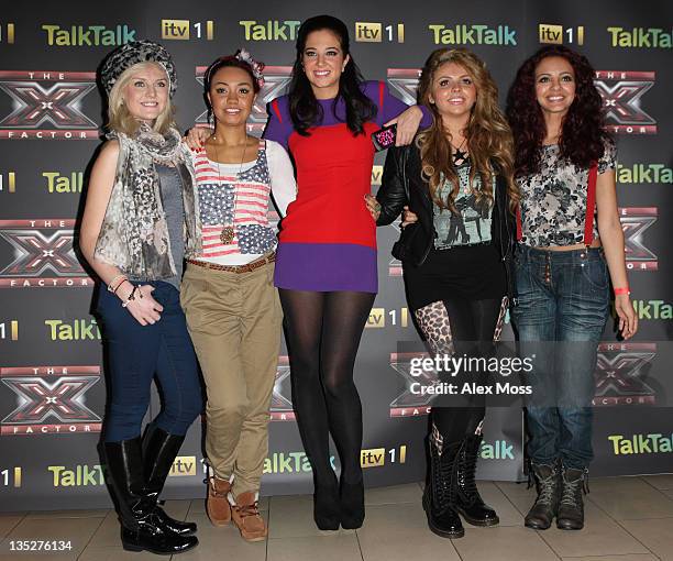 Little Mix and Tulisa Contostavlos pose for the press in anticipation of this weekend's final at Wembley Arena on December 8, 2011 in London, England.