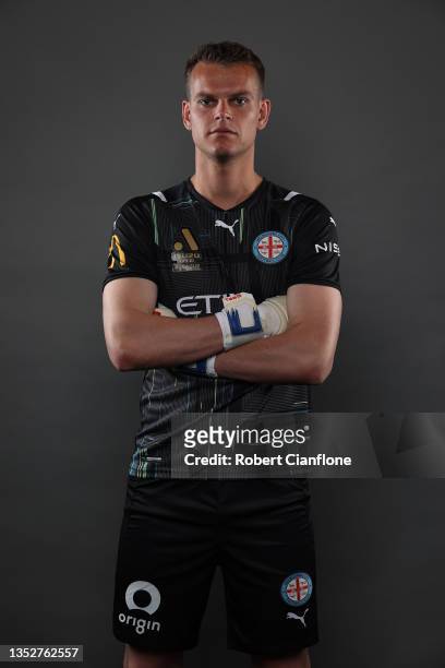 Melbourne City goalkeeper Matthew Sutton poses during the Melbourne City A-League headshots session at AAMI Park on October 31, 2021 in Melbourne,...