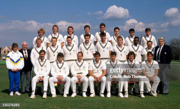 Kent County Cricket Club at St Lawrence Ground in Canterbury, circa April 1990. Back row, left to right: Jonathan Longley, Vince Wells, Mark Dobson,...