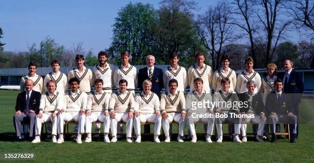 Glamorgan County Cricket Club at the Sophia Gardens in Cardiff, circa April 1987. Back row, left to right: Philip North, Colin Metson, John Derrick,...