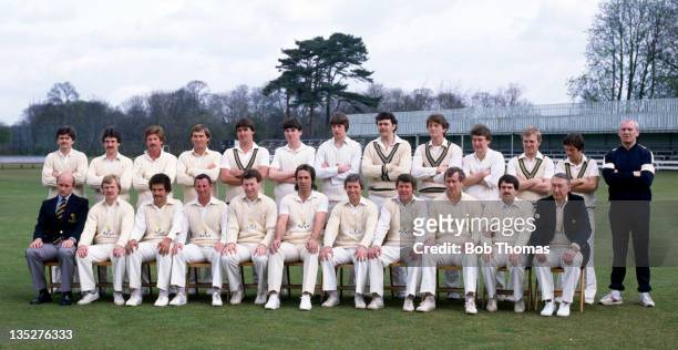 Glamorgan County Cricket Club at Sophia Gardens in Cardiff, circa April 1983. Back row, left to right: Geoff Holmes, Alan Lewis Jones, Alan Wilkins,...