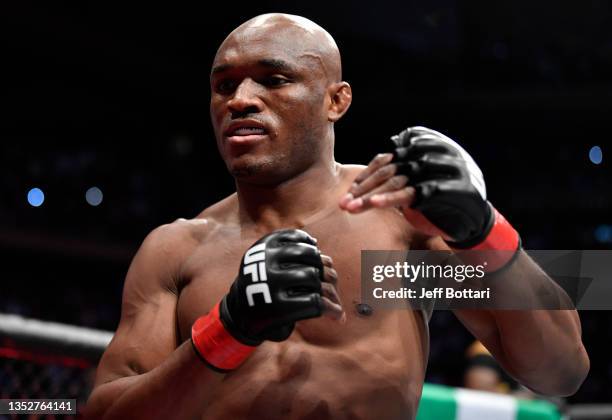 Kamaru Usman of Nigeria prepares to fight Colby Covington in their UFC welterweight championship fight during the UFC 268 event at Madison Square...