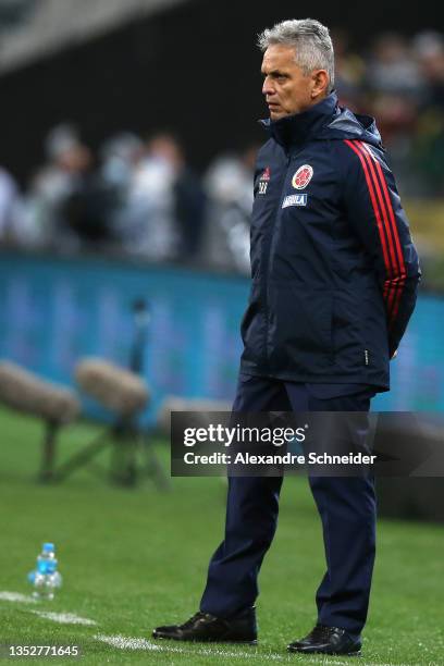 Head coach of Colombia Reinaldo Rueda looks on during a match between Brazil and Colombia as part of FIFA World Cup Qatar 2022 Qualifiers at Neo...