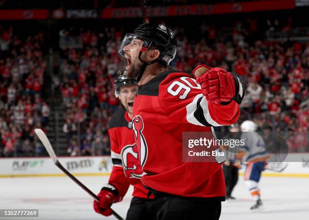 Tomas Tatar of the New Jersey Devils celebrates his goal in the second period against the New York Islanders at Prudential Center on November 11,...