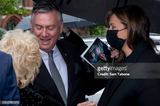 Patti Newton with Eddie and Carla McGuire attend the state funeral for Australian actor Bert Newton at St Patrick's Cathedral on November 12, 2021 in...