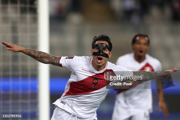 Gianluca Lapadula of Peru celebrates after scoring the first goal of his team during a match between Peru and Bolivia as part of FIFA World Cup Qatar...