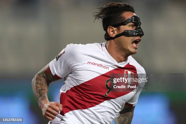Gianluca Lapadula of Peru celebrates after scoring the first goal of his team during a match between Peru and Bolivia as part of FIFA World Cup Qatar...