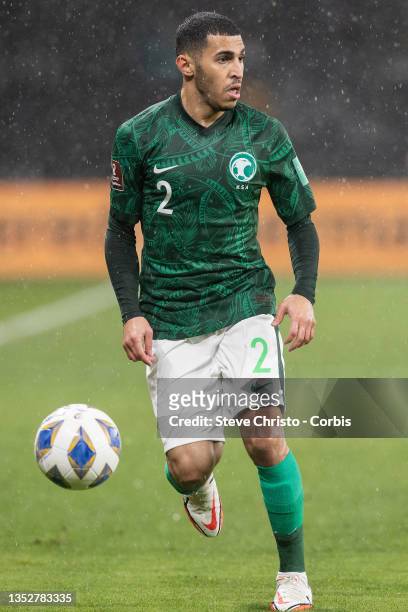 Sultan Abdullah Alghannam of Saudi Arabia dribbles the ball during the FIFA World Cup AFC Asian Qualifier match between the Australia Socceroos and...