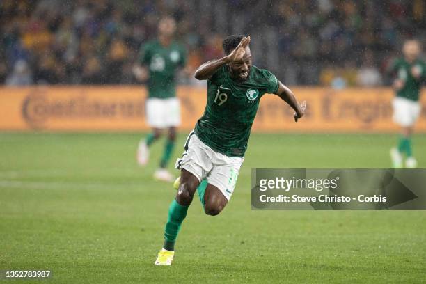Fhad Mosaed Almuwallad of Saudi Arabia heads towards g the goals the FIFA World Cup AFC Asian Qualifier match between the Australia Socceroos and...