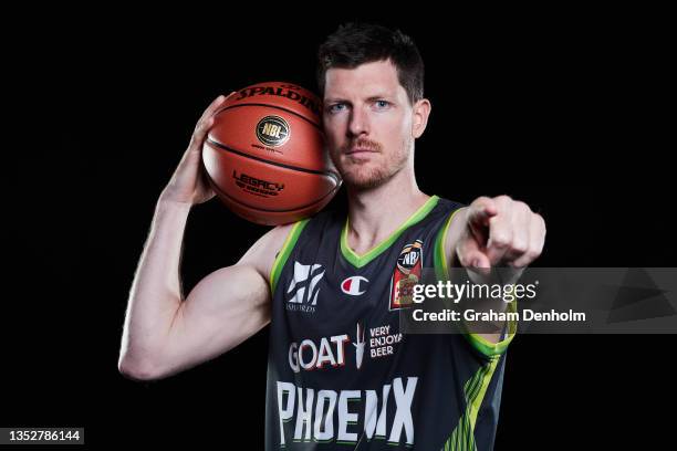 Cameron Gliddon of the Phoenix poses during the S.E. Melbourne Phoenix NBL headshots session at NEP Studios on November 11, 2021 in Melbourne,...