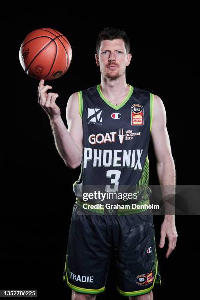 Cameron Gliddon of the Phoenix poses during the S.E. Melbourne Phoenix NBL headshots session at NEP Studios on November 11, 2021 in Melbourne,...