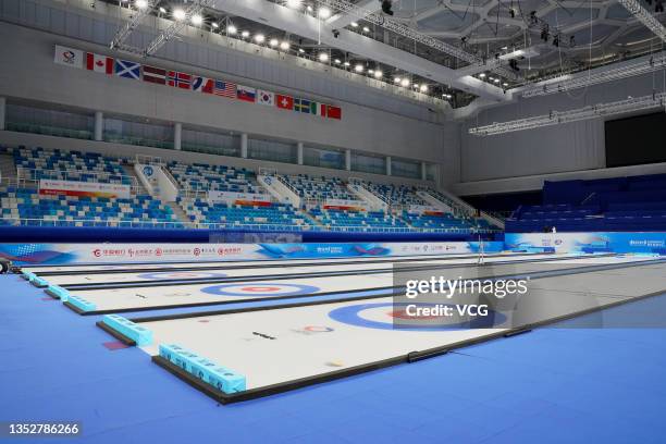 Tracks of curling competition are seen at the National Aquatics Centre on November 11, 2021 in Beijing, China. The Water Cube has been transformed...