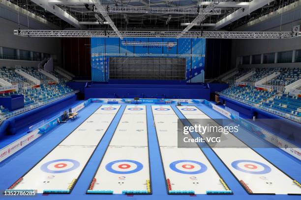 Tracks of curling competition are seen at the National Aquatics Centre on November 11, 2021 in Beijing, China. The Water Cube has been transformed...