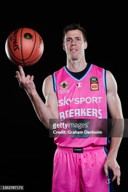 Tom Abercrombie of the Breakers poses during the New Zealand Breakers NBL headshots session at NEP Studios on November 11, 2021 in Melbourne,...