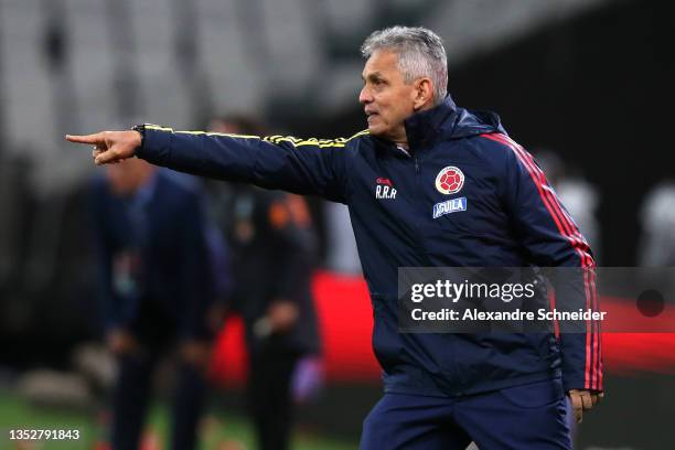 Head coach of Colombia Reinaldo Rueda reacts during a match between Brazil and Colombia as part of FIFA World Cup Qatar 2022 Qualifiers at Neo...