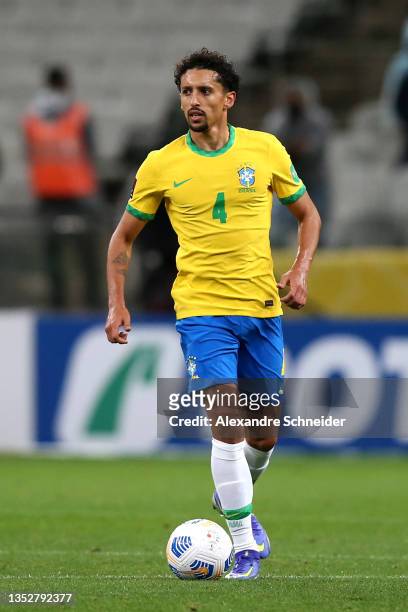 Marquinhos of Brazil controls the ball during a match between Brazil and Colombia as part of FIFA World Cup Qatar 2022 Qualifiers at Neo Quimica...