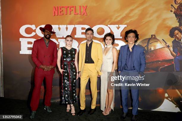 Mustafa Shakir, Elena Satine, Alex Hassell, Daniella Pineda, and John Cho attend the premiere of Netflix's "Cowboy Bebop" at Goya Studios on November...