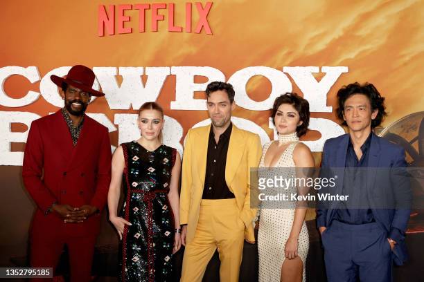 Mustafa Shakir, Elena Satine, Alex Hassell, Daniella Pineda, and John Cho attend the premiere of Netflix's "Cowboy Bebop" at Goya Studios on November...