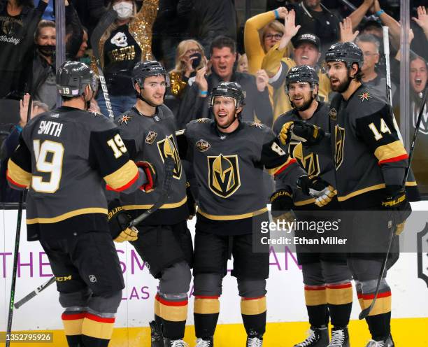 Reilly Smith, Nicolas Roy, Jonathan Marchessault, Shea Theodore and Nicolas Hague of the Vegas Golden Knights celebrate after Marchessault scored a...