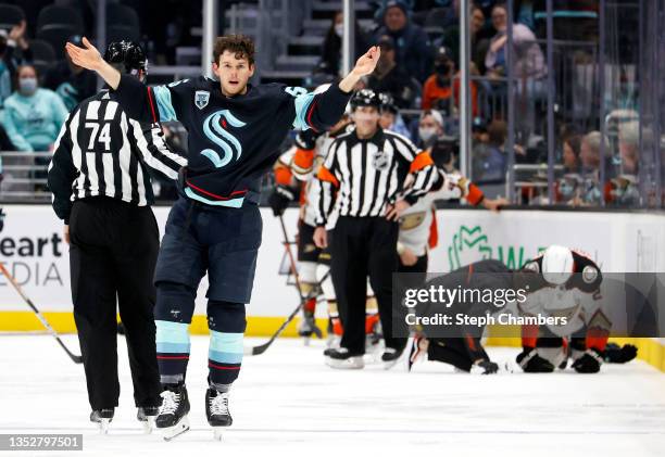 Jeremy Lauzon of the Seattle Kraken reacts as he heads to the penalty box during the second period against the Anaheim Ducks on November 11, 2021 at...