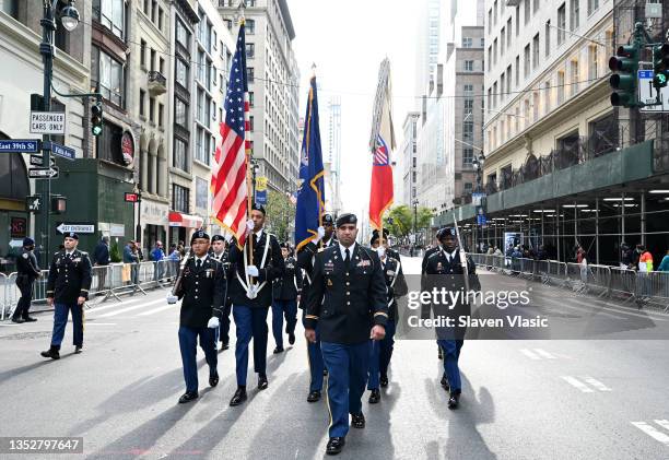 Members of the US Armed Forces participate in the 102nd annual Veterans Day parade on November 11, 2021 in New York City.